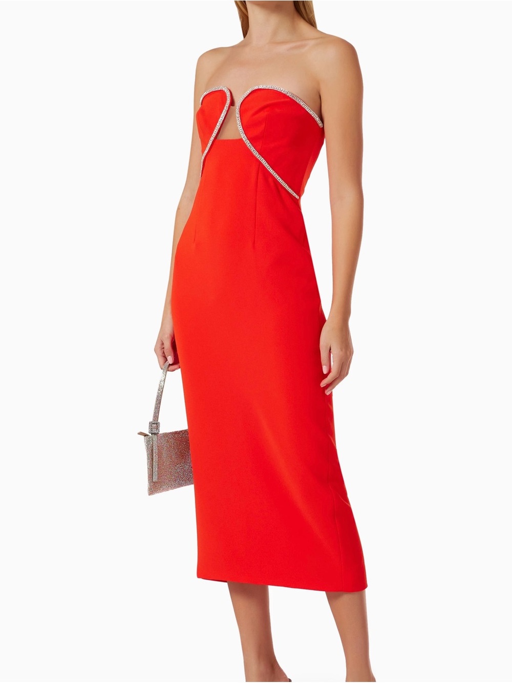 Self portrait Strapless Red Midi Dress with Crystal Trim